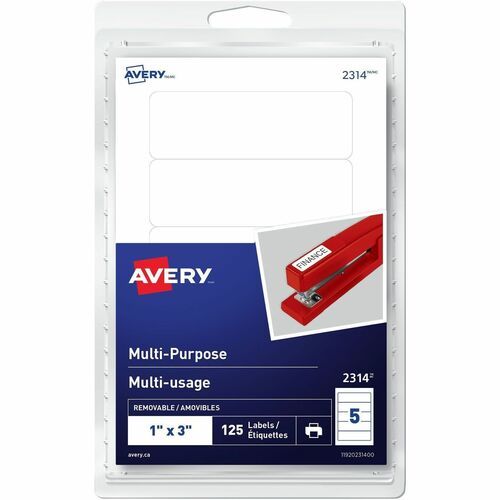 Avery 2314 Removable Labels, 1" X  3",  White, 5  Per Sheet, 25, Sheets, 125 Labels