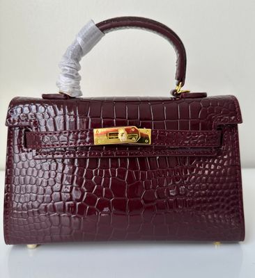 The Mocha Bag - Rich Burgundy Crocodile Texture with Gold Accent Detailing Leather Handbag for Women