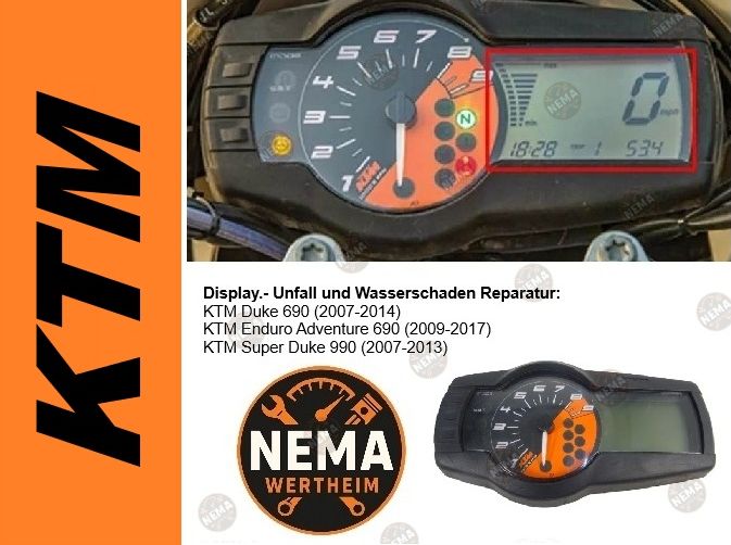 KTM Tacho Display Anzeige Reparaturservice - 690, 990 Super Duke, SMCR, Adventure KTM Tacho Display Anzeige Reparaturservice - 690, 990 Super Duke, SMCR, Adventure