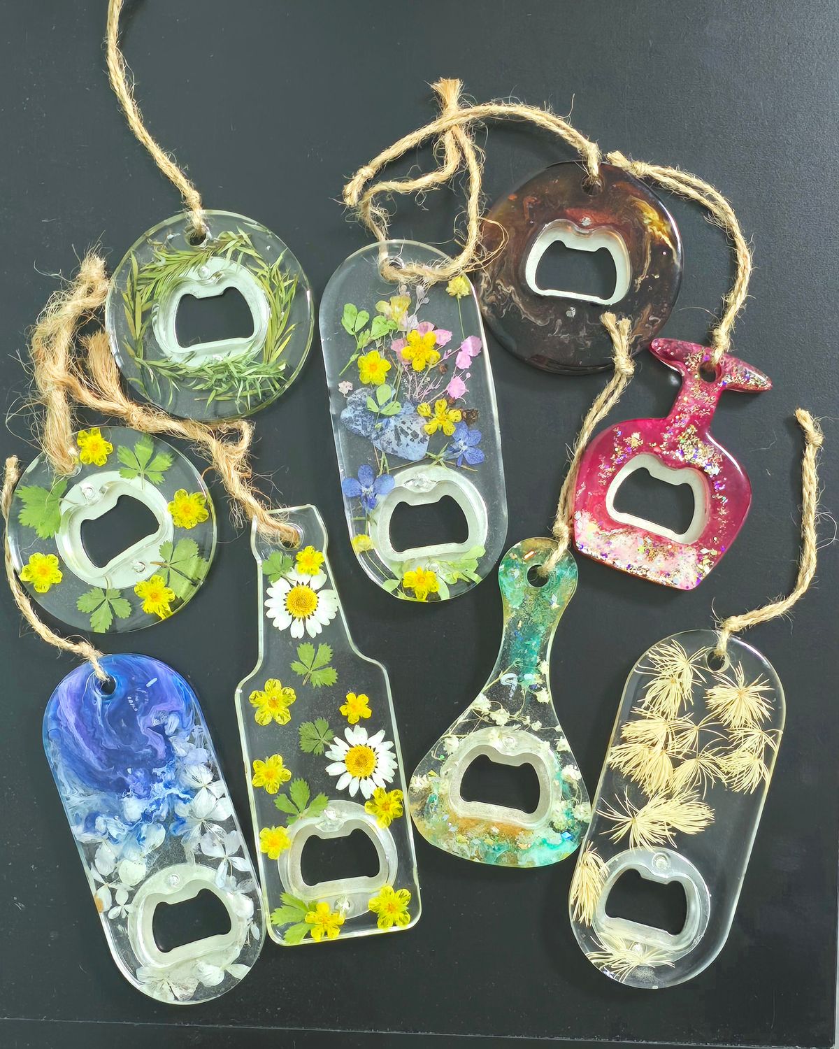Handmade resin bottle openers with real dried flowers

Colorful floral bottle opener with botanical inclusions