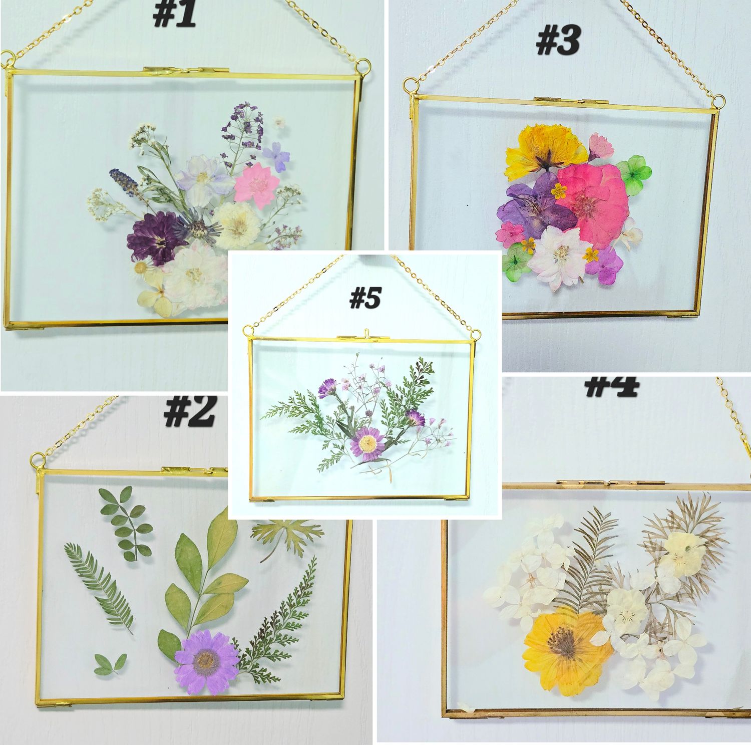 Pressed flower glass frame with real dried flowers and brass chain, 5.25 x 7.25 inches