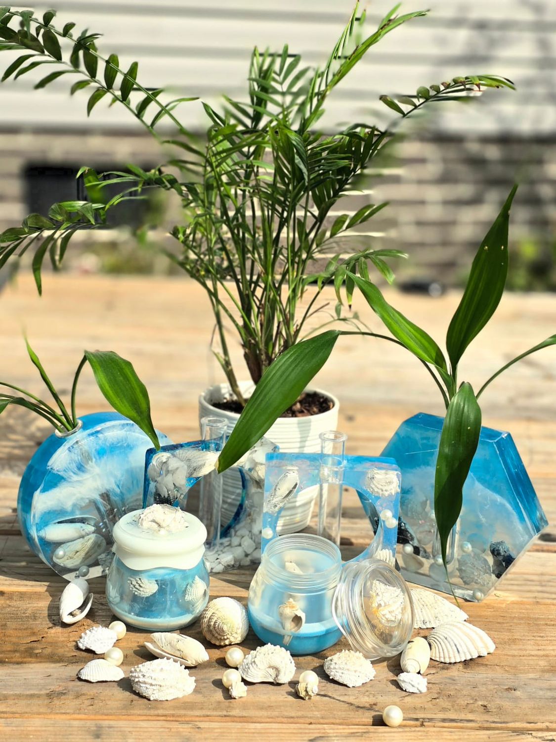Ocean-inspired handmade resin decor in blue and clear finish