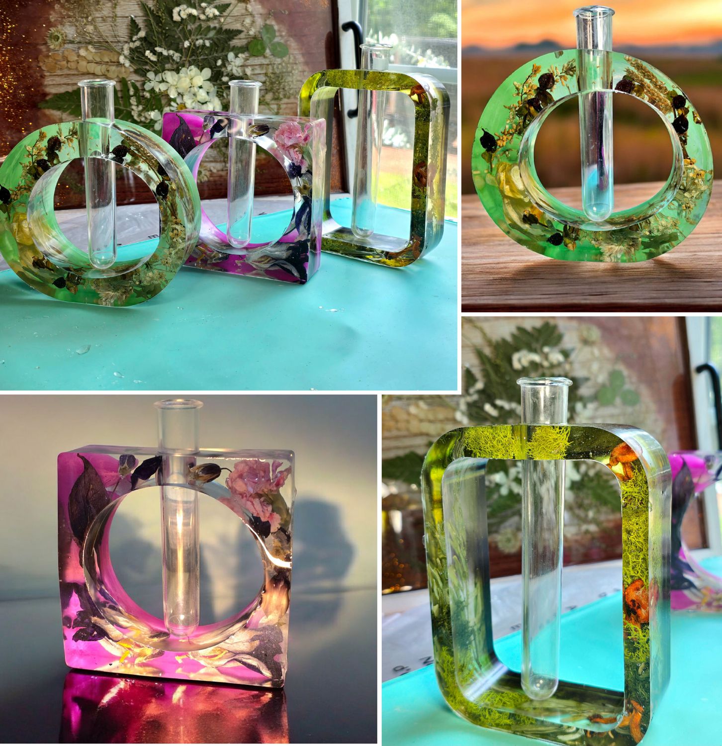 Real dried flowers embedded in resin