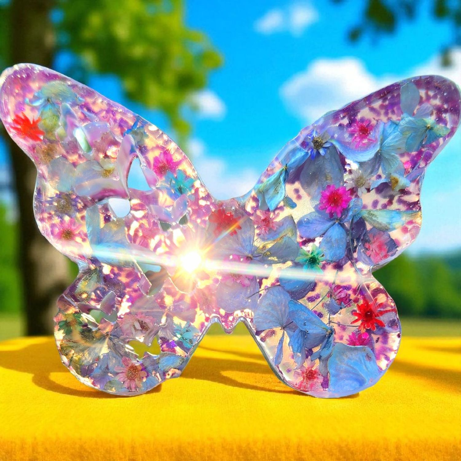 Colorful resin butterfly embedded with real dried flowers, glowing in sunlight