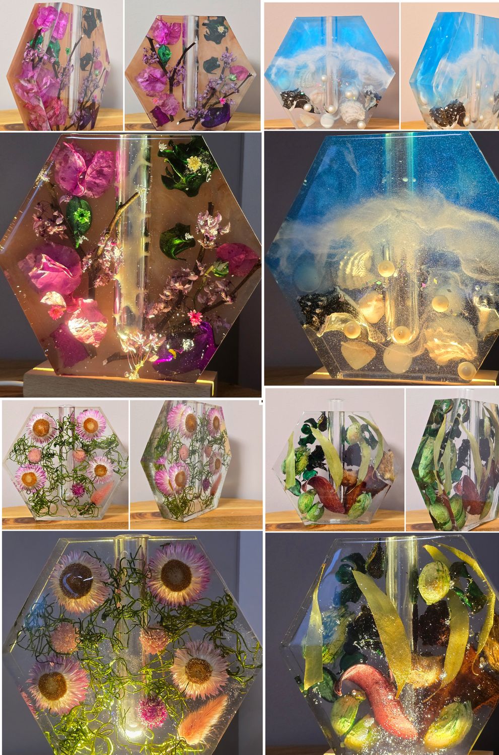 Hexagon-shaped resin vase with real dried flowers, LED light base, and clear glossy finish for modern home decor.