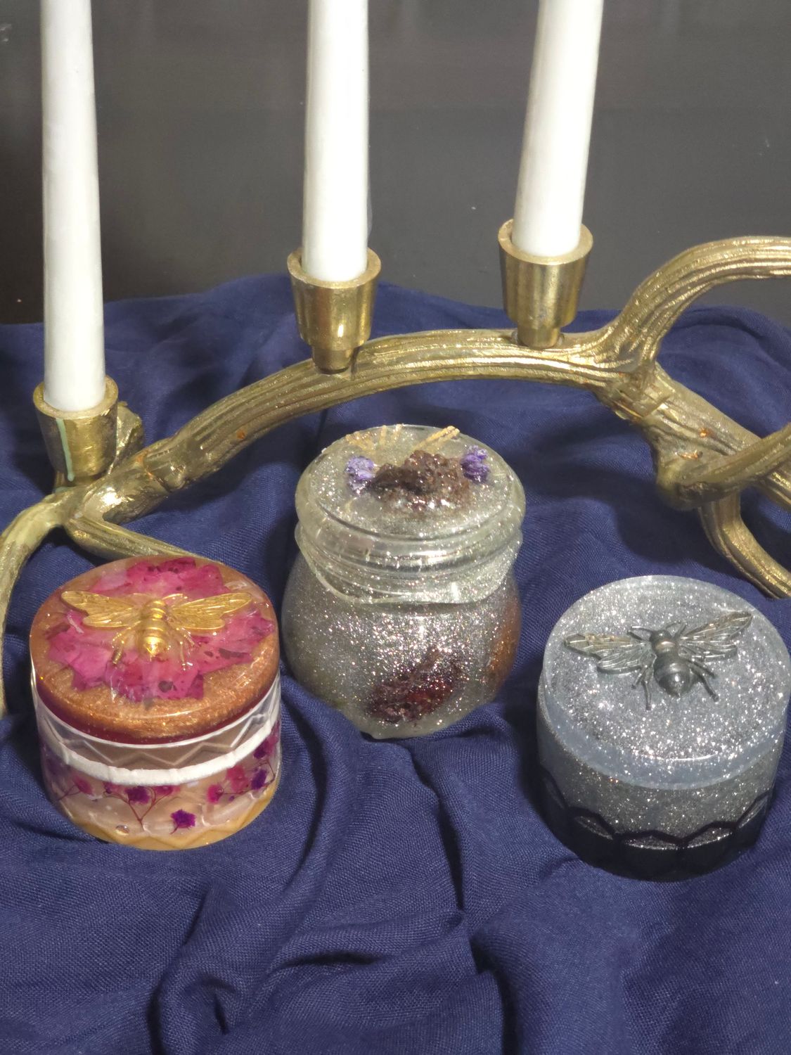 Handmade Resin Holiday Keepsake Jars with Dried Flowers, Bee or Pinecone Topper