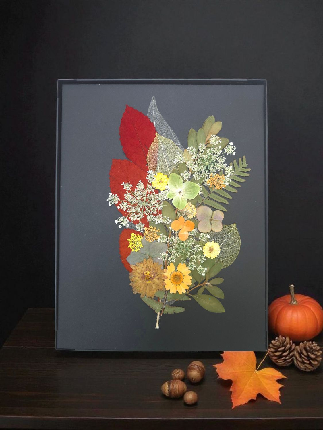 Pressed Flower Wall Art | Autumn Botanical Frame 11x9 | Handmade Gift with Real Dried Flowers | Rustic Fall Home Decor | Nature Art Frame