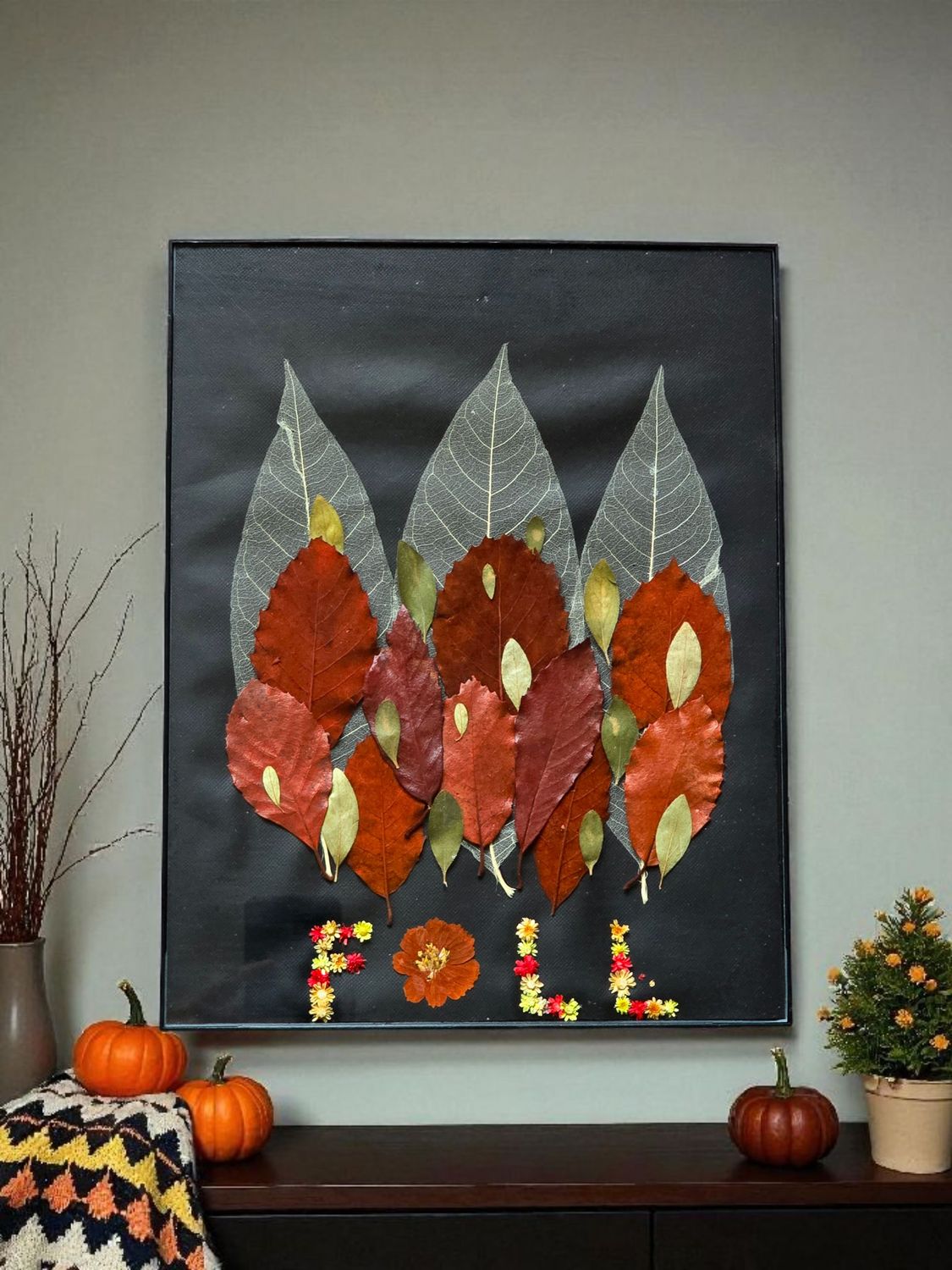 Pressed Flower Wall Art | Autumn Botanical Frame 14x11 | Handmade Gift with Real Dried Flowers | Rustic Fall Home Decor | Nature Art Frame