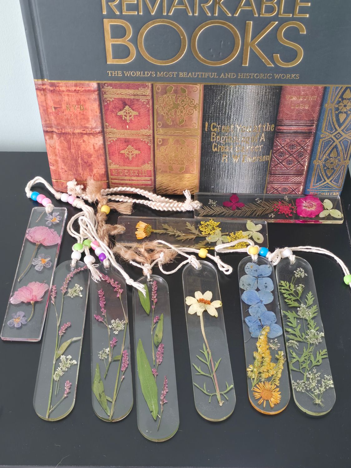 Nature-inspired resin bookmark with wildflowers and rustic jute cord