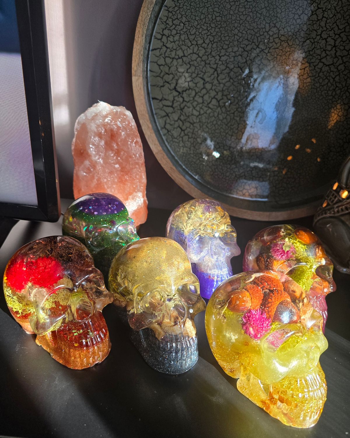 Colorful Resin Skull Decor with Real Dried Flowers – Handmade Gothic Art, Halloween, Altar or Curio Shelf Decor