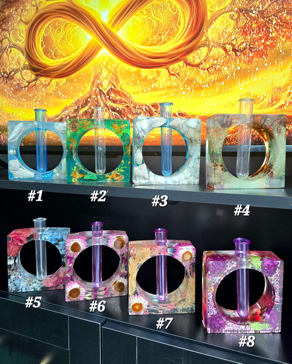 Handmade Square Resin Vase with Real Flowers, Shells & LED Light Base