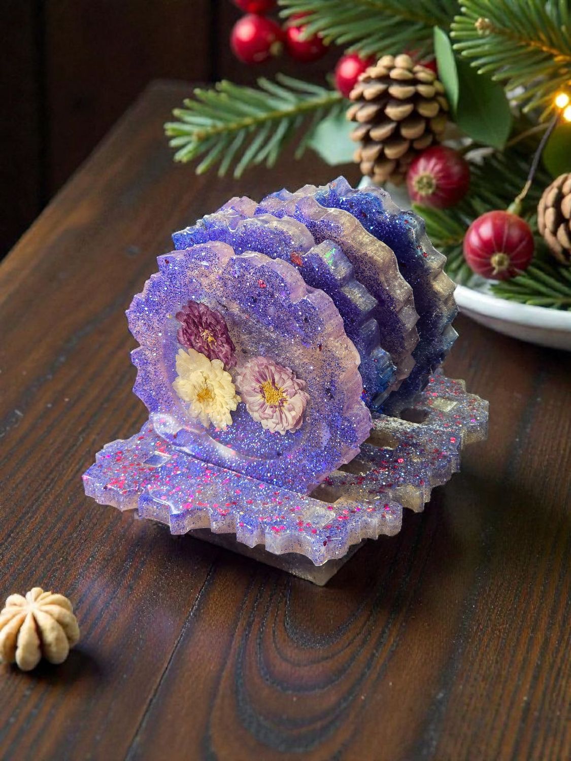 Purple Glitter Resin Coaster Set with Dried Flowers – Floral Epoxy Coasters with Holder – Handmade Gift for Her, Boho Home Decor Purple glitter resin coasters with dried flowers in holder – handmade epoxy drinkware gift set