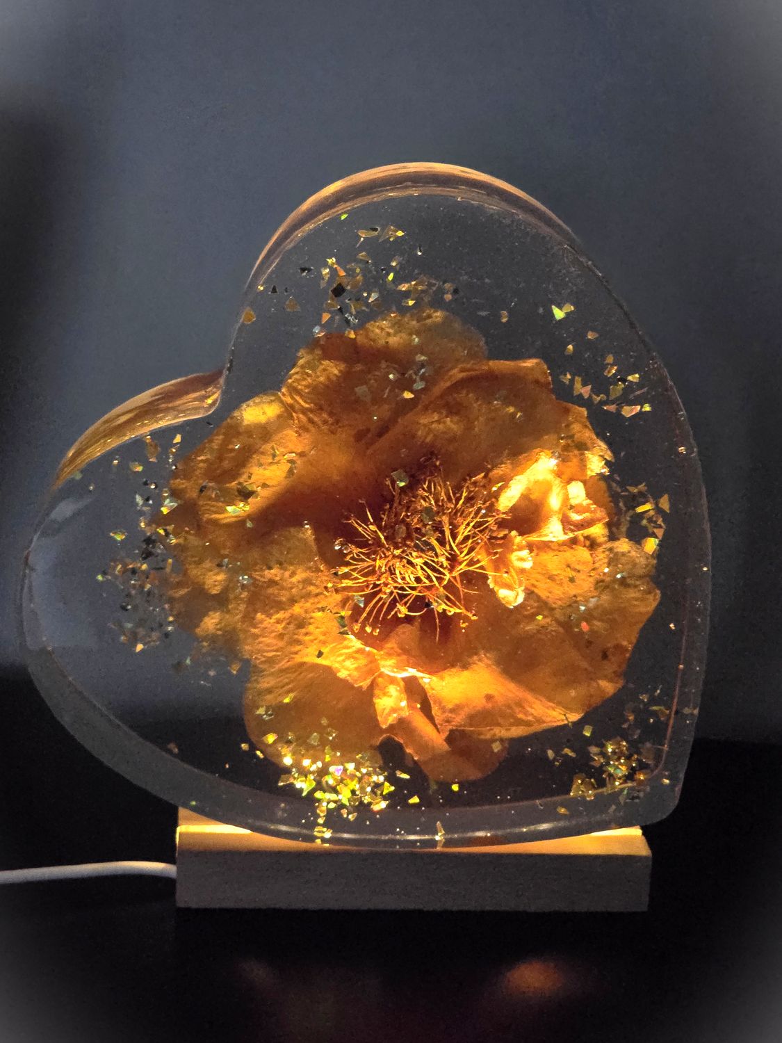 Heart-Shaped Resin Art with Real Golden Flower – 6x6" Decorative Keepsake with Sparkle