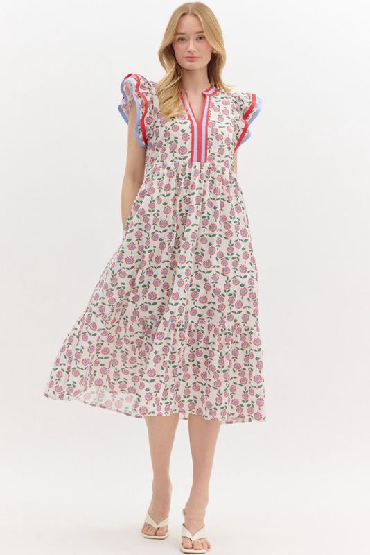 Floral print multicolor V-neck band midi-Red