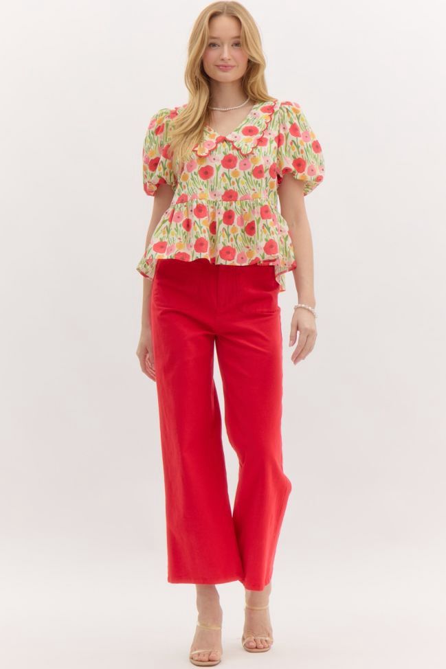 Solid high waisted wide leg ankle length pants-Red