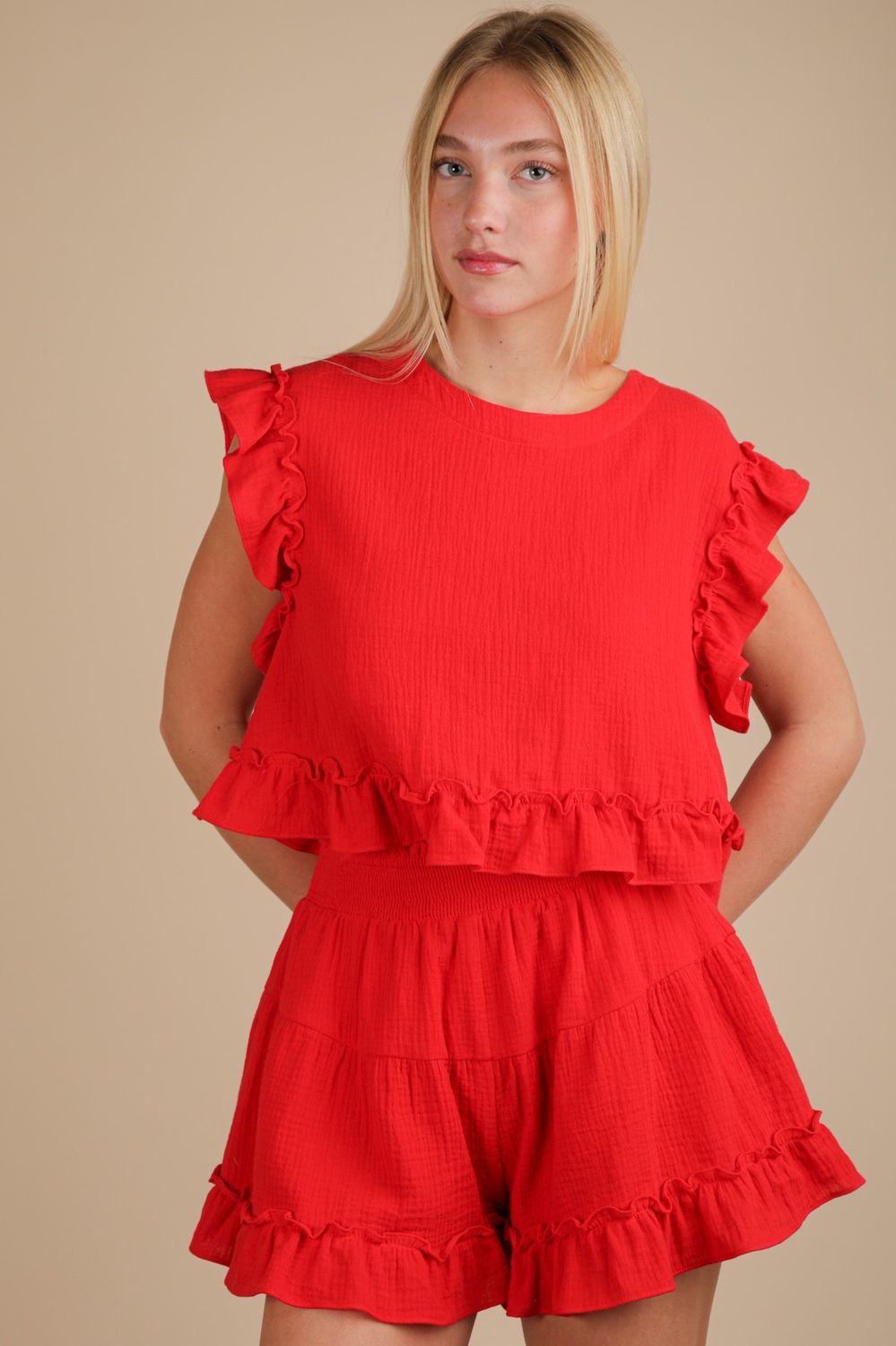 Ruffled Solid Woven Top &amp; Shorts Set