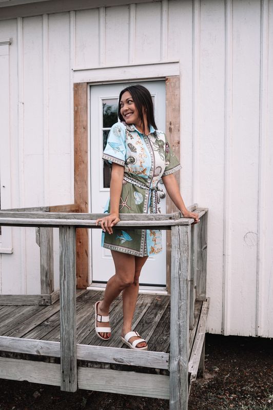 Ocean Printed Short Sleeve Shirt Dress