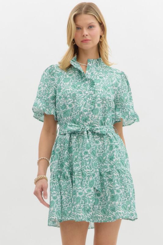 Floral print ruffle accent pullover mini dress