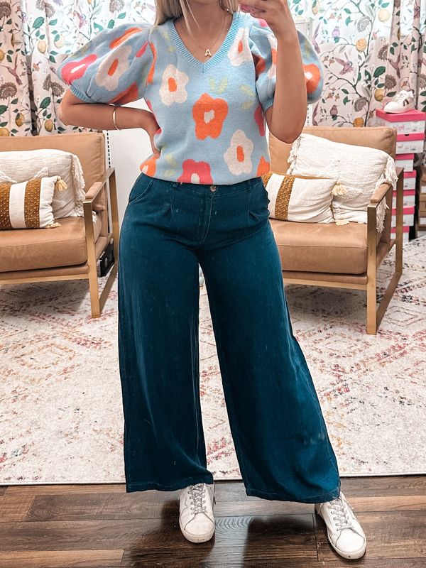 Wide Leg Pants-Dark Chambray