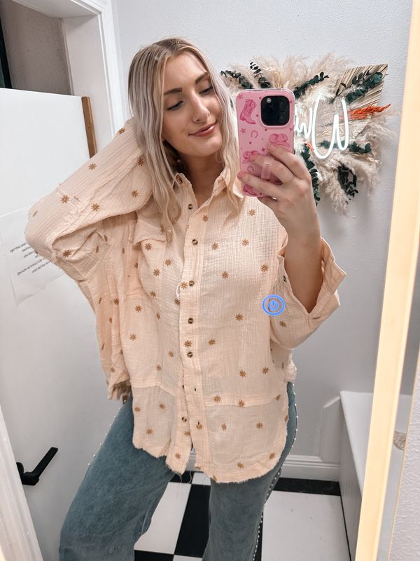 DAISY FLORAL EMBO COTTON GAUZE SHIRT