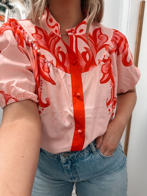 Pink and Red Printed Puff Sleeve Shirt