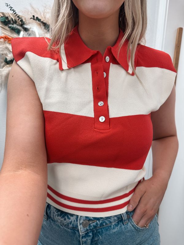 Red &amp; White Collared Semi-Cropped Stripped Top w/ Shoulder Pads
