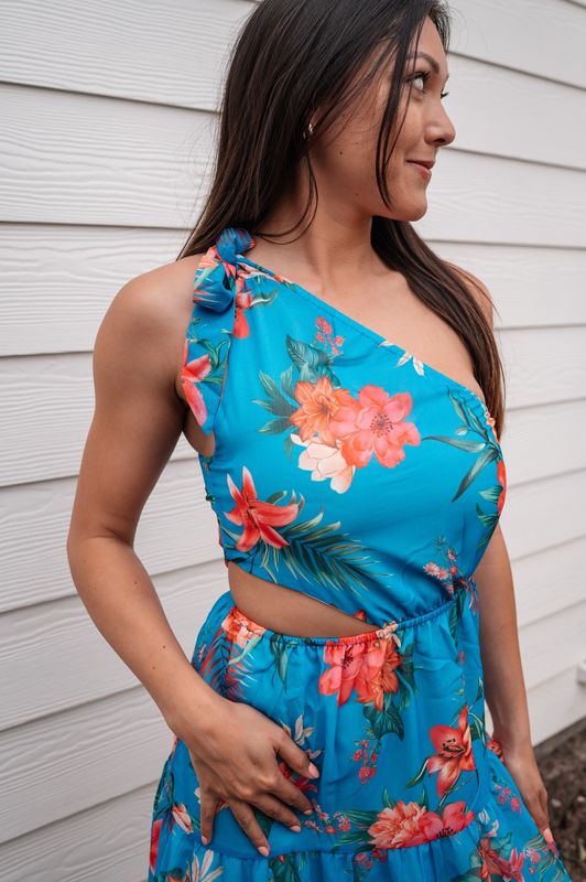 Floral Print One Shoulder Cut Out Dress