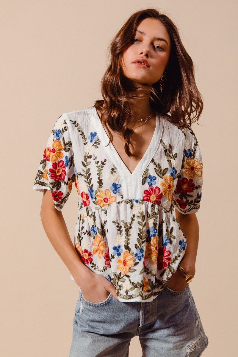 Floral Embroidered Baby Doll Blouse Top