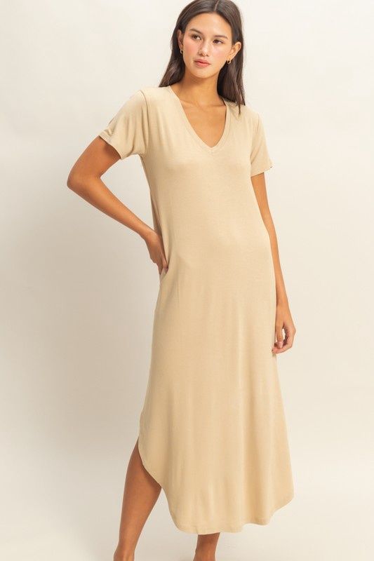 V-neck Short Sleeve Midi Dress