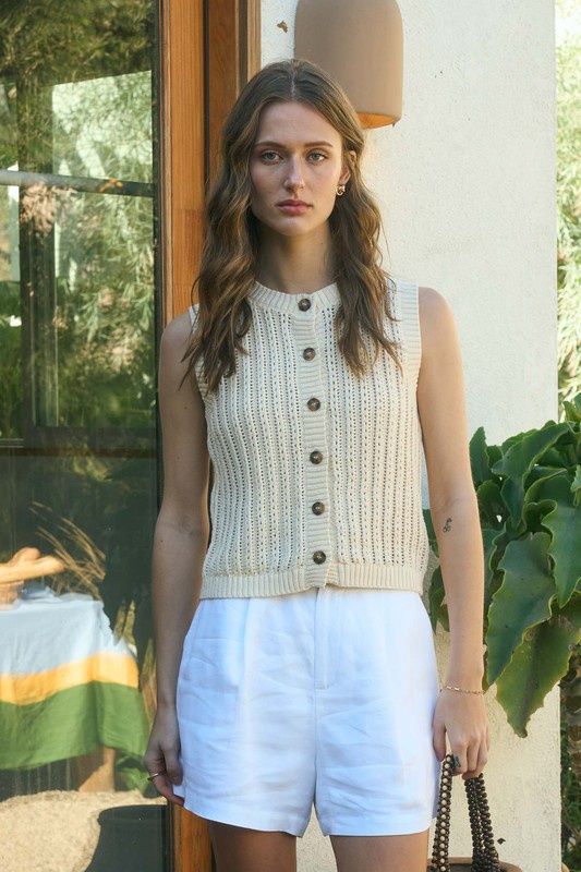 Crew Neck Button Down Sleeveless Knit Cardigan