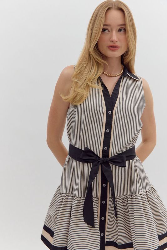 Stripe pattern ruffle hem sleeveless mini