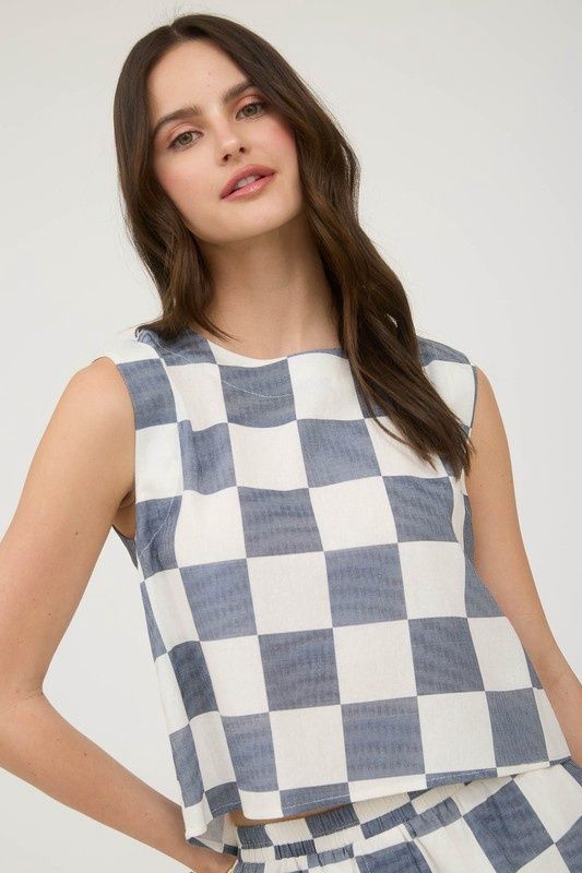 Checkered Sleeveless Linen Crop Top