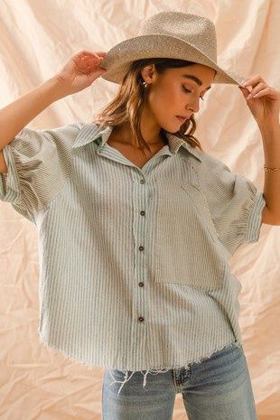 Loose Fit Washed Button Up Pin Stripe Shirt