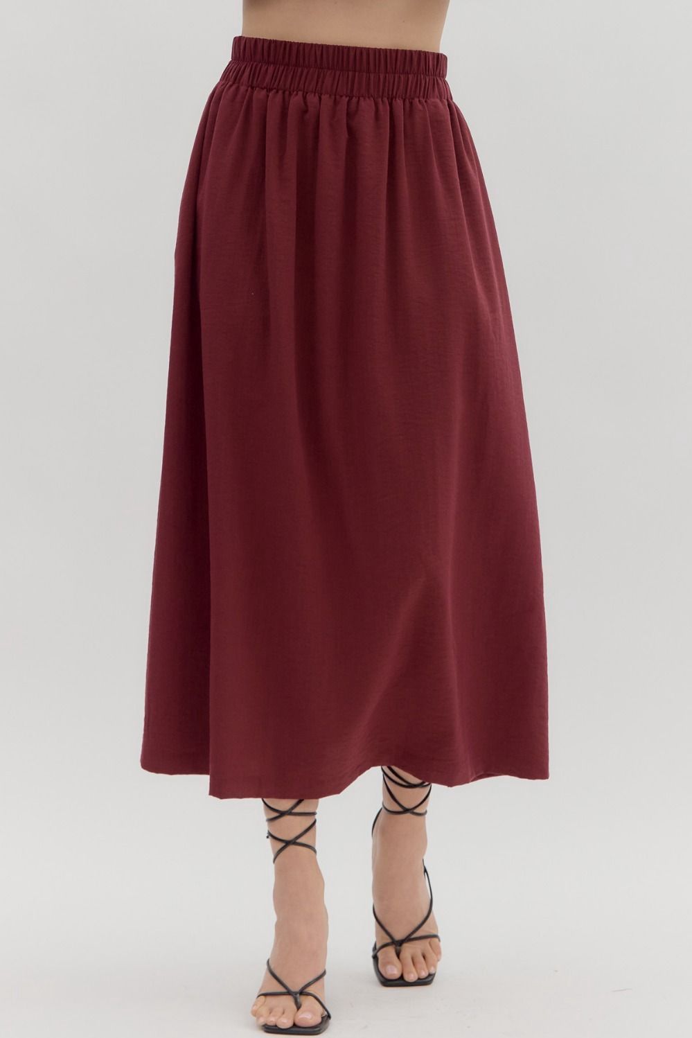 Solid pull-on side slit midi skirt