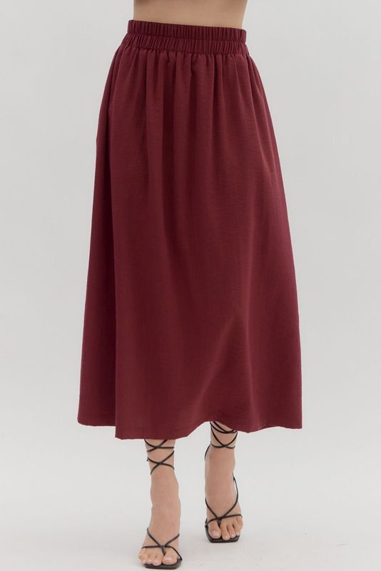 Solid pull-on side slit midi skirt