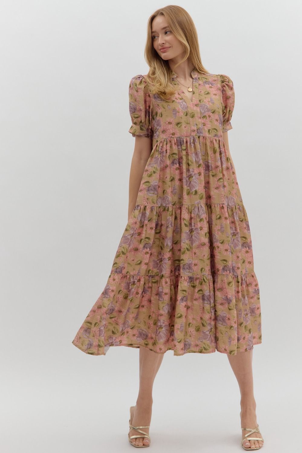 Vintage floral print bow tie band short puff sleeve midi