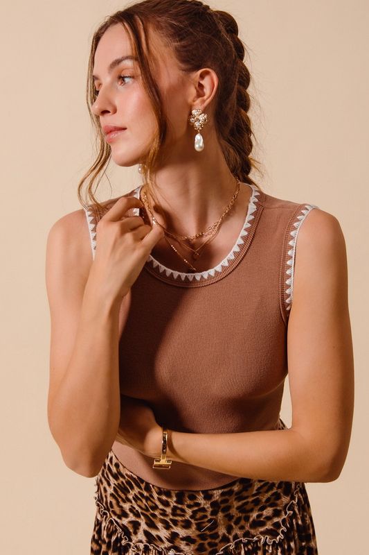 Rib Sleeveless Tank Top With Contrast Embroidery