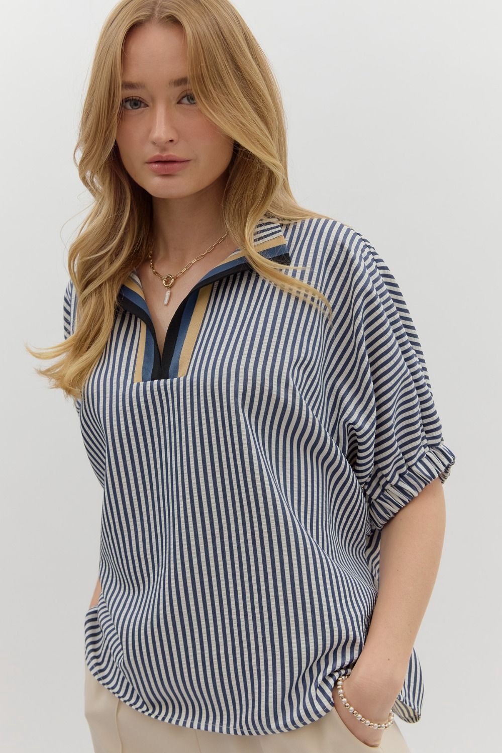 Stripe pattern high neck elasticated sleeve top