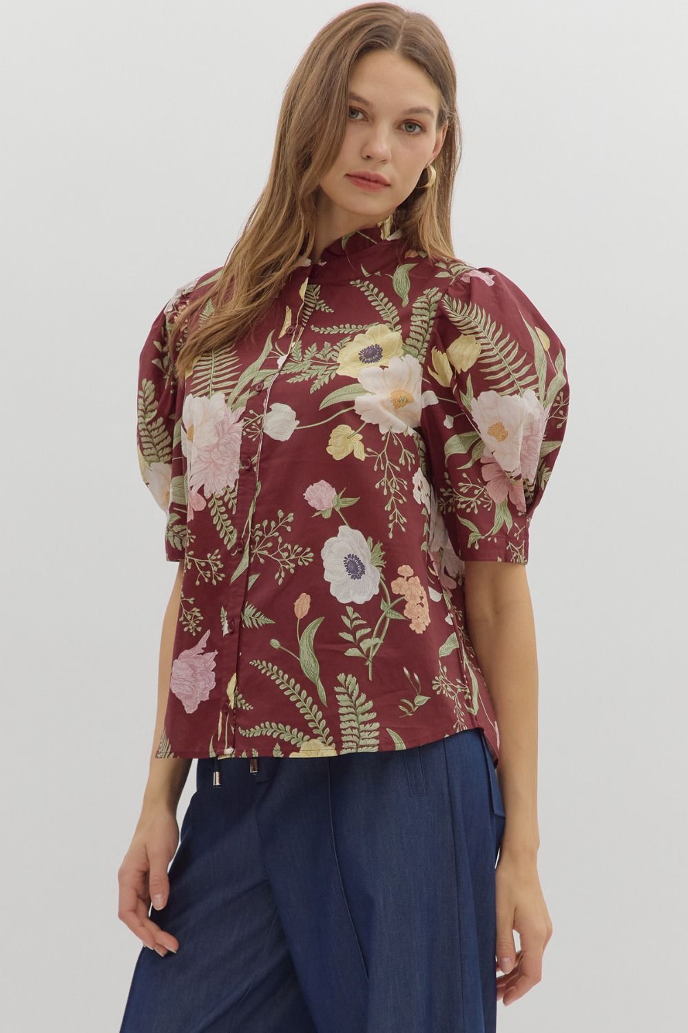Floral print ruffled neck button front