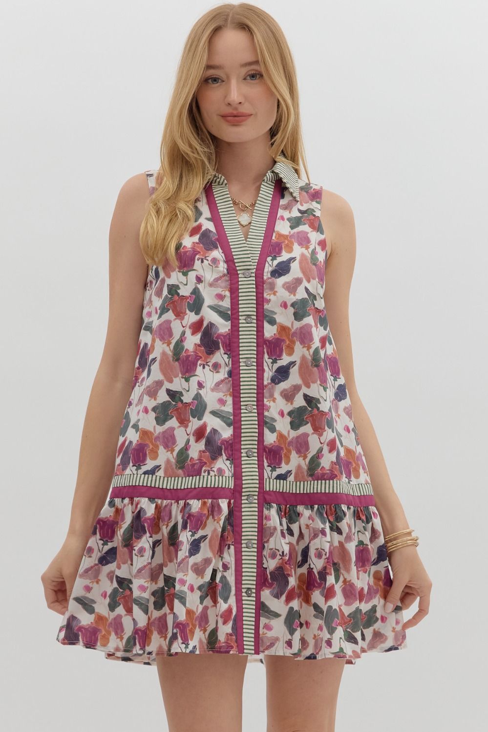 Multicolor floral pattern sleeveless ruffle hem