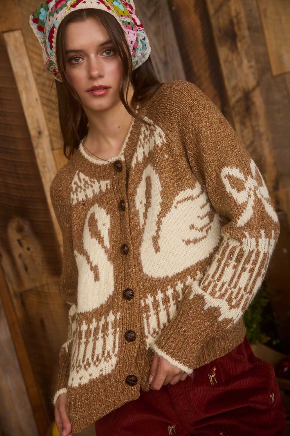 Swan Jacquard Button Down Long Sleeve Cardigan