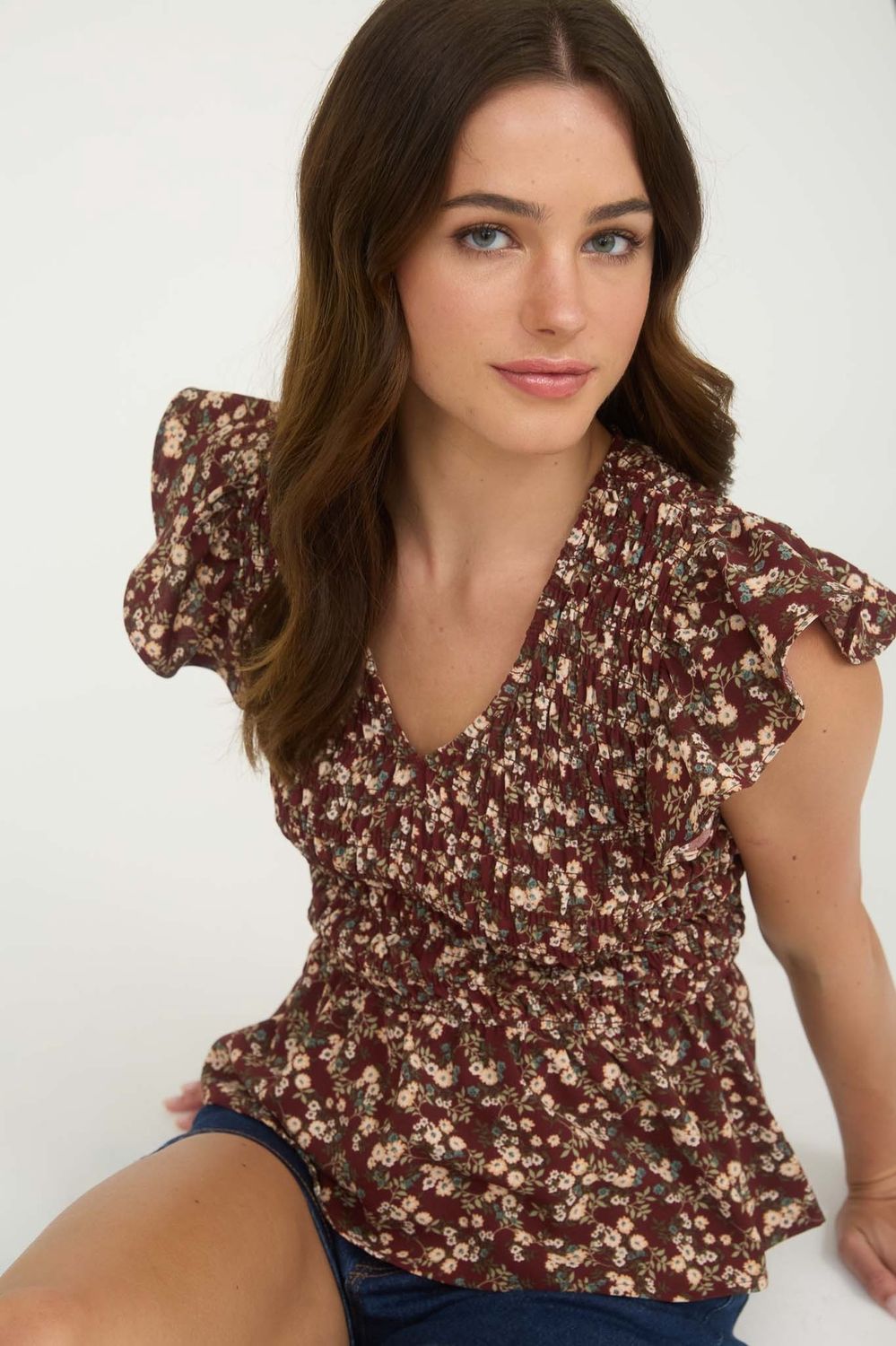 Floral Smocked V Neck Ruffle Sleeve Top