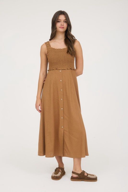 Smocked Sleeveless Button Down Midi