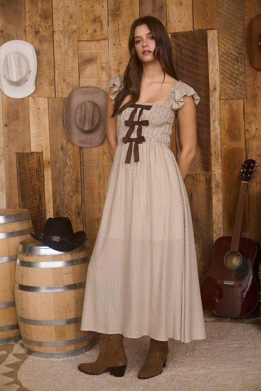 Plaid Smocked Front Bow Detail Midi