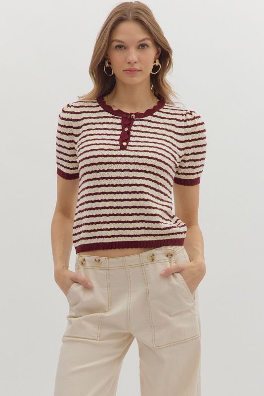 Stripe pattern short sleeve pointelle sweater