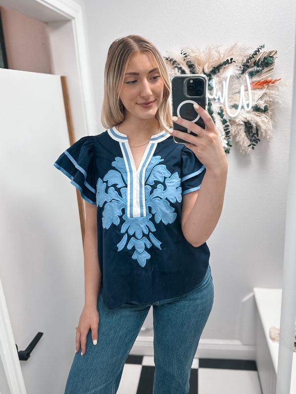 V-neck Top Featuring Embroidered Applique Front