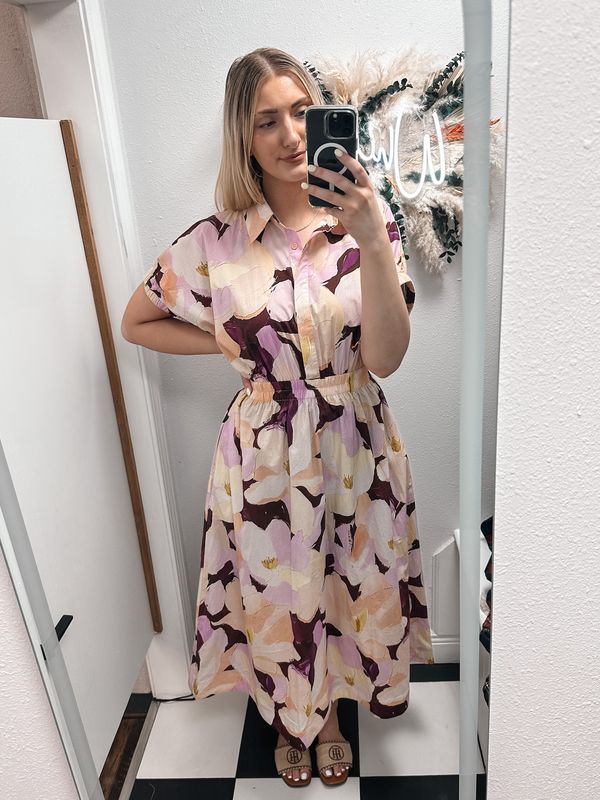 Floral print dolman short sleeve midi