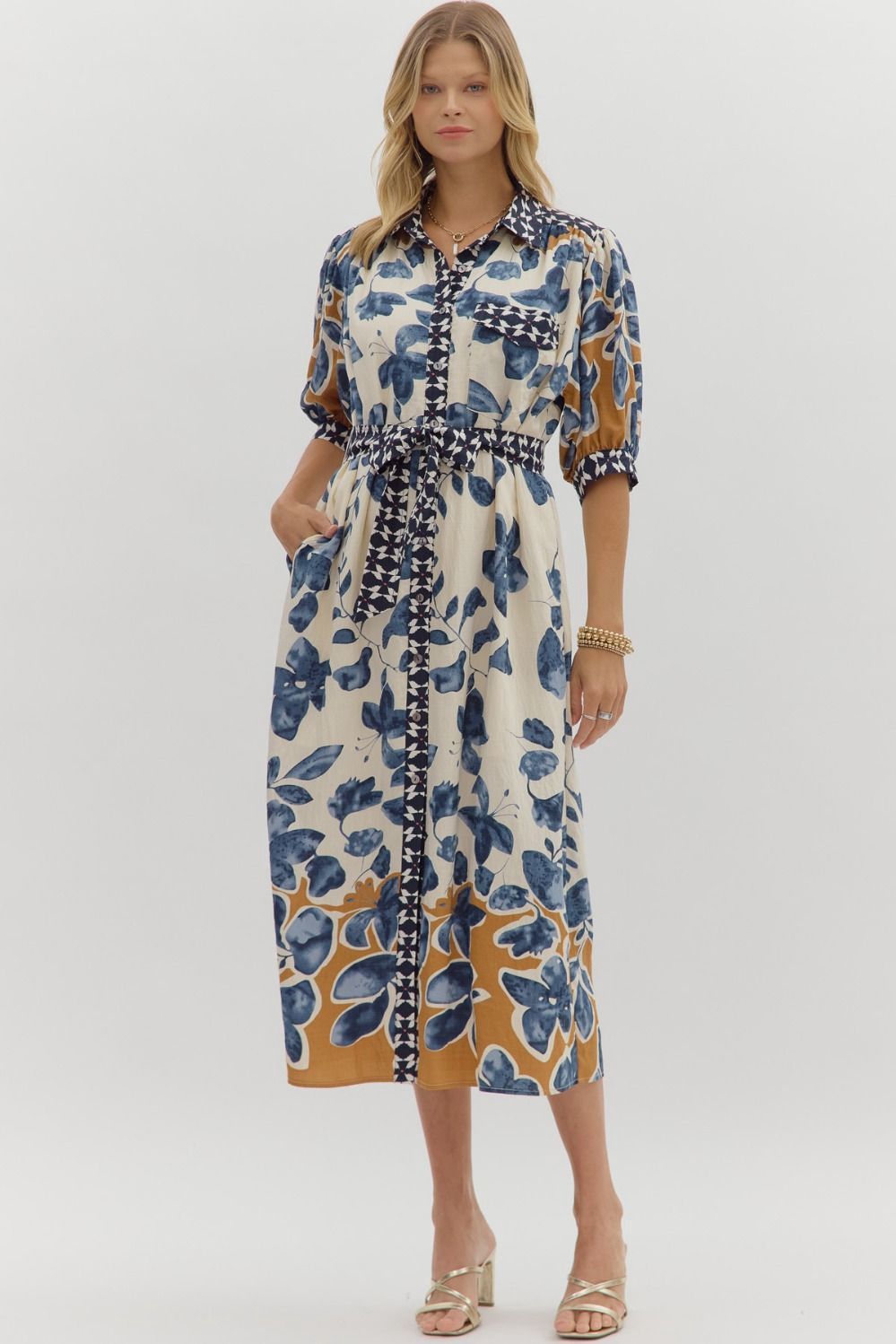 Botanical print ¾ sleeve midi shirt dress