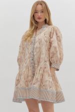 Floral print cuff band ¾ sleeve ruffle hem mini dress