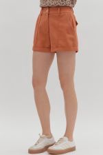 Solid high waist pleated rolled cuff hem pintuck shorts